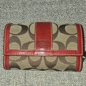 Coach Red and Brown Signature Canvas Wallet
